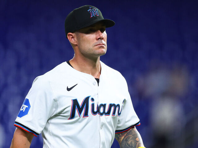MIAMI, FLORIDA - SEPTEMBER 03: Skip Schumaker #45 of the Miami Marlins looks on during the second inning of the game against the Washington Nationals at loanDepot park on September 03, 2024 in Miami, Florida.