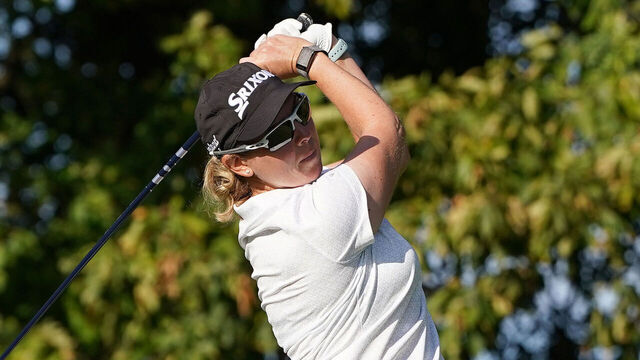 MAINEVILLE, OHIO - SEPTEMBER 19: Ashleigh Buhai of South Africa plays her shot from the fourth tee during the first round of the Kroger Queen City Championship presented by P&G 2024 at TPC River's Bend on September 19, 2024 in Maineville, Ohio.