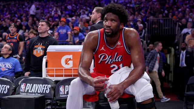 NEW YORK, NEW YORK - APRIL 20: Joel Embiid #21 of the Philadelphia 76ers sits on the bench late in game one of the Eastern Conference First Round Playoffs against the New York Knicks at Madison Square Garden on April 20, 2024 in New York City. The New York Knicks defeated the Philadelphia 76ers 111-104.