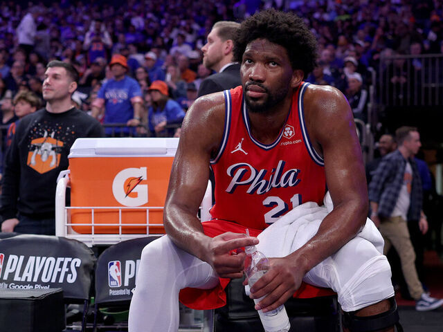 NEW YORK, NEW YORK - APRIL 20: Joel Embiid #21 of the Philadelphia 76ers sits on the bench late in game one of the Eastern Conference First Round Playoffs against the New York Knicks at Madison Square Garden on April 20, 2024 in New York City. The New York Knicks defeated the Philadelphia 76ers 111-104.