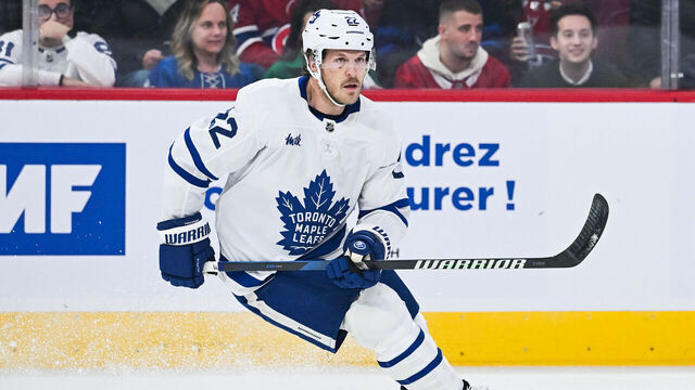MONTREAL, QC - APRIL 06: Toronto Maple Leafs defenseman Jake McCabe (22) tracks the play during the Toronto Maple Leafs versus the Montreal Canadiens game on April 06, 2024, at Bell Centre in Montreal, QC