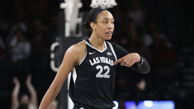 LAS VEGAS, NEVADA - SEPTEMBER 15: A'ja Wilson #22 of the Las Vegas Aces reacts after a basket during the third quarter of a game against the Connecticut Sun at Michelob ULTRA Arena on September 15, 2024 in Las Vegas, Nevada. The Aces defeated the Sun 84-71.