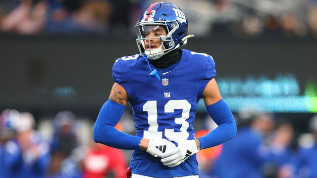 EAST RUTHERFORD, NEW JERSEY - DECEMBER 31: Jalin Hyatt #13 of the New York Giants in action against the Los Angeles Rams at MetLife Stadium on December 31, 2023 in East Rutherford, New Jersey. Los Angeles Rams defeated the New York Giants 26-25.