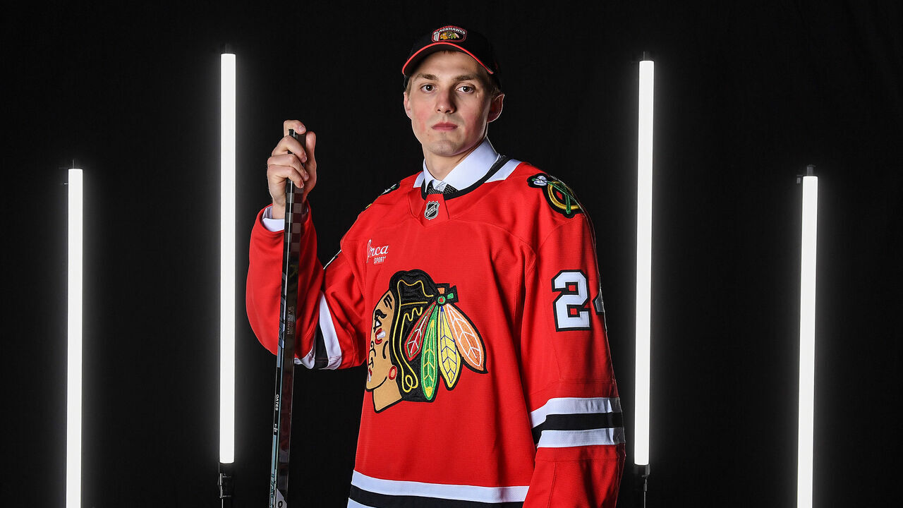 LAS VEGAS, NEVADA - JUNE 28: Artyom Levshunov poses for a portrait after being drafted by the Chicago Blackhawks with the second overall pick during the 2024 Upper Deck NHL Draft at Sphere on June 28, 2024 in Las Vegas, Nevada.