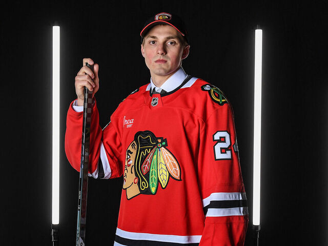 LAS VEGAS, NEVADA - JUNE 28: Artyom Levshunov poses for a portrait after being drafted by the Chicago Blackhawks with the second overall pick during the 2024 Upper Deck NHL Draft at Sphere on June 28, 2024 in Las Vegas, Nevada.