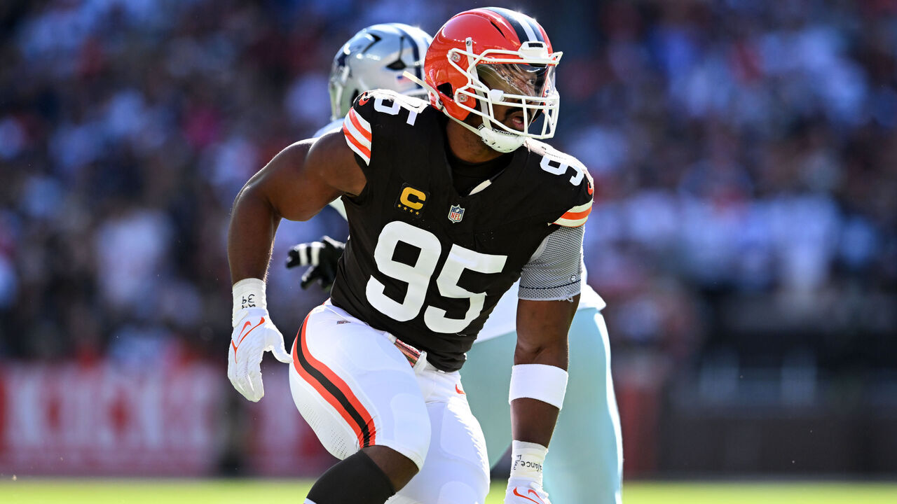 CLEVELAND, OHIO - SEPTEMBER 08: Myles Garrett #95 of the Cleveland Browns rushes the line of scrimmage during the first quarter against the Dallas Cowboys at Huntington Bank Field on September 08, 2024 in Cleveland, Ohio.