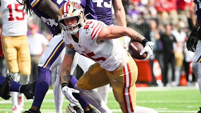 MINNEAPOLIS, MINNESOTA - SEPTEMBER 15: George Kittle #85 of the San Francisco 49ers reacts after scoring a touchdown in the second quarter of the game against the Minnesota Vikings at U.S. Bank Stadium on September 15, 2024 in Minneapolis, Minnesota.