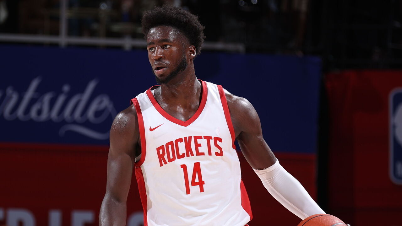 LAS VEGAS, NV - JULY 12: AJ Griffin #14 of the Houston Rockets handles the ball during the game against the Los Angeles Lakers on July 12, 2024 at the Thomas & Mack Center in Las Vegas, Nevada. Mandatory Copyright Notice: Copyright 2024 NBAE
