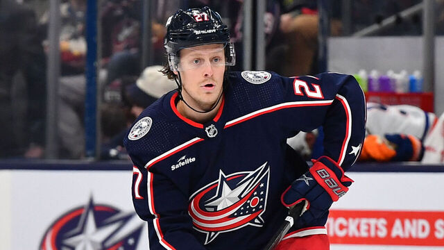 COLUMBUS, OHIO - MARCH 7: Adam Boqvist #27 of the Columbus Blue Jackets skates with the puck during the third period of a game against the Edmonton Oilers at Nationwide Arena on March 7, 2024 in Columbus, Ohio.