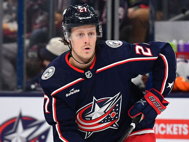 COLUMBUS, OHIO - MARCH 7: Adam Boqvist #27 of the Columbus Blue Jackets skates with the puck during the third period of a game against the Edmonton Oilers at Nationwide Arena on March 7, 2024 in Columbus, Ohio.