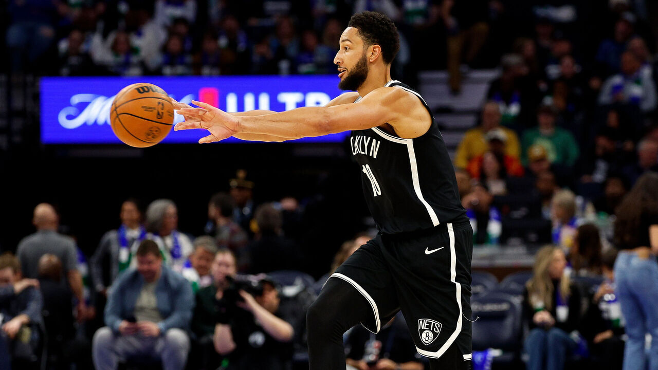 MINNEAPOLIS, MINNESOTA - FEBRUARY 24: Ben Simmons #10 of the Brooklyn Nets passes the ball against the Minnesota Timberwolves in the third quarter at Target Center on February 24, 2024 in Minneapolis, Minnesota. The Timberwolves defeated the Nets 101-86.