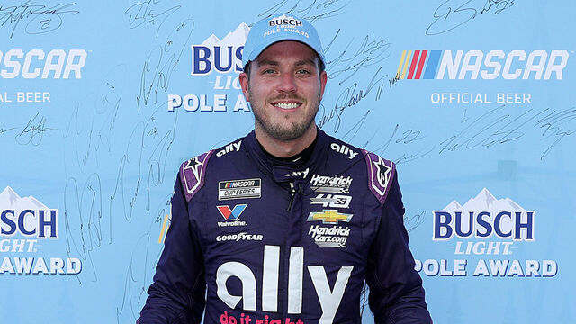 BRISTOL, TENNESSEE - SEPTEMBER 20: Alex Bowman, driver of the #48 Ally Chevrolet, poses for photos after winning the pole award during qualifying for the NASCAR Cup Series Bass Pro Shops Night Race at Bristol Motor Speedway on September 20, 2024 in Bristol, Tennessee.