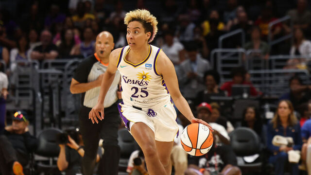 LOS ANGELES, CA - JULY 9: Layshia Clarendon #25 of the Los Angeles Sparks handles the ball during the game against the Minnesota Lynx on July 9, 2024 at Crypto.com Arena in Los Angeles, California. NOTE TO USER: User expressly acknowledges and agrees that, by downloading and/or using this Photograph, user is consenting to the terms and conditions of the Getty Images License Agreement. Mandatory Copyright Notice: Copyright 2024 NBAE