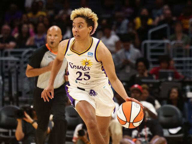 LOS ANGELES, CA - JULY 9: Layshia Clarendon #25 of the Los Angeles Sparks handles the ball during the game against the Minnesota Lynx on July 9, 2024 at Crypto.com Arena in Los Angeles, California. NOTE TO USER: User expressly acknowledges and agrees that, by downloading and/or using this Photograph, user is consenting to the terms and conditions of the Getty Images License Agreement. Mandatory Copyright Notice: Copyright 2024 NBAE