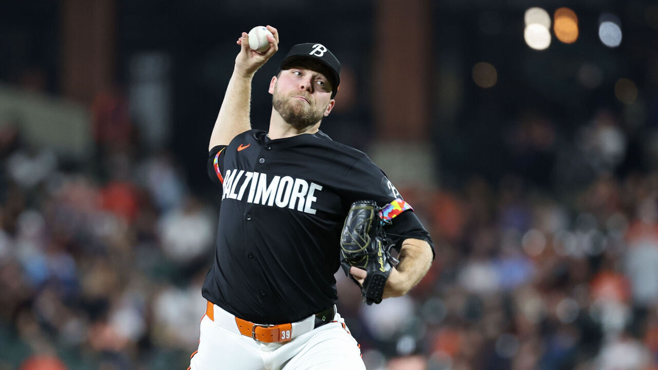 BALTIMORE, MD - SEPTEMBER 20: Corbin Burnes #39 of the Baltimore Orioles pitches in the second inning during the game between the Detroit Tigers and the Baltimore Orioles at Oriole Park at Camden Yards on Friday, September 20, 2024 in Baltimore, Maryland.