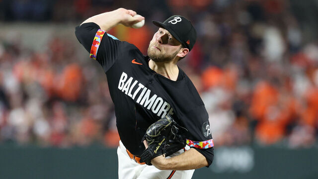 BALTIMORE, MD - SEPTEMBER 20: Corbin Burnes #39 of the Baltimore Orioles pitches during the game between the Detroit Tigers and the Baltimore Orioles at Oriole Park at Camden Yards on Friday, September 20, 2024 in Baltimore, Maryland.