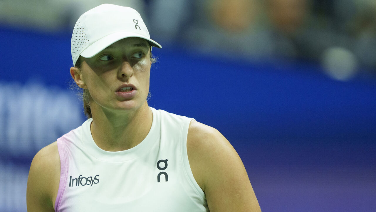NEW YORK, NY - SEPTEMBER 4: Iga Swiatek of Poland during her quarterfinal match against Jessica Pegula of the United States on day 10 of the US Open at the USTA Billie Jean National Tennis Center on September 4, 2024 in the Flushing neighborhood of the Queens borough of New York City.