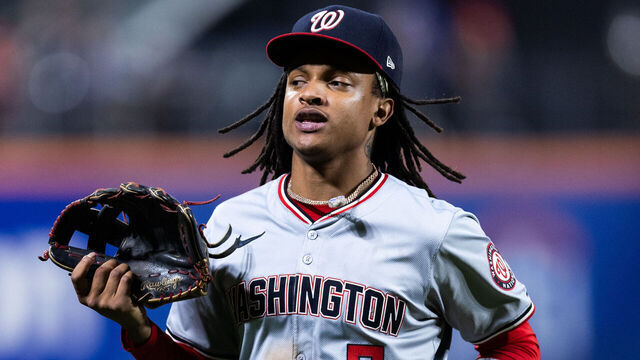 NEW YORK, NEW YORK - SEPTEMBER 17: CJ Abrams #5 of the Washington Nationals jogs off the field at the end of the third inning of the game against the New York Mets at Citi Field on September 17, 2024 in New York City.