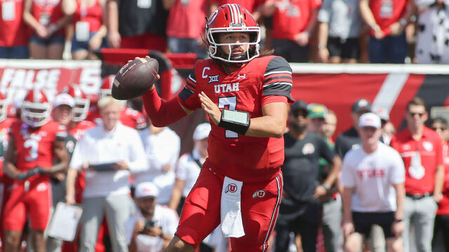 SALT LAKE CITY, UT - SEPTEMBER 7: Cameron Rising #7 of the Utah Utes sets to throw a pass aginst the Baylor Bears during the first half of their game at Rice Eccles Stadium on September 7, 2024 in Salt Lake City, Utah.