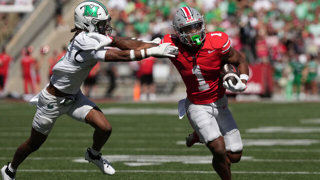 COLUMBUS, OHIO - SEPTEMBER 21: Running back Quinshon Judkins #1 of the Ohio State Buckeyes carries the ball during the second quarter against the Marshall Thundering Herd at Ohio Stadium on September 21, 2024 in Columbus, Ohio.