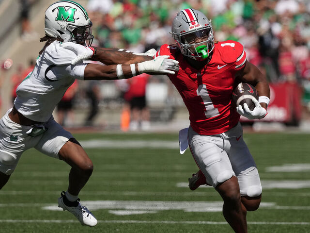 COLUMBUS, OHIO - SEPTEMBER 21: Running back Quinshon Judkins #1 of the Ohio State Buckeyes carries the ball during the second quarter against the Marshall Thundering Herd at Ohio Stadium on September 21, 2024 in Columbus, Ohio.