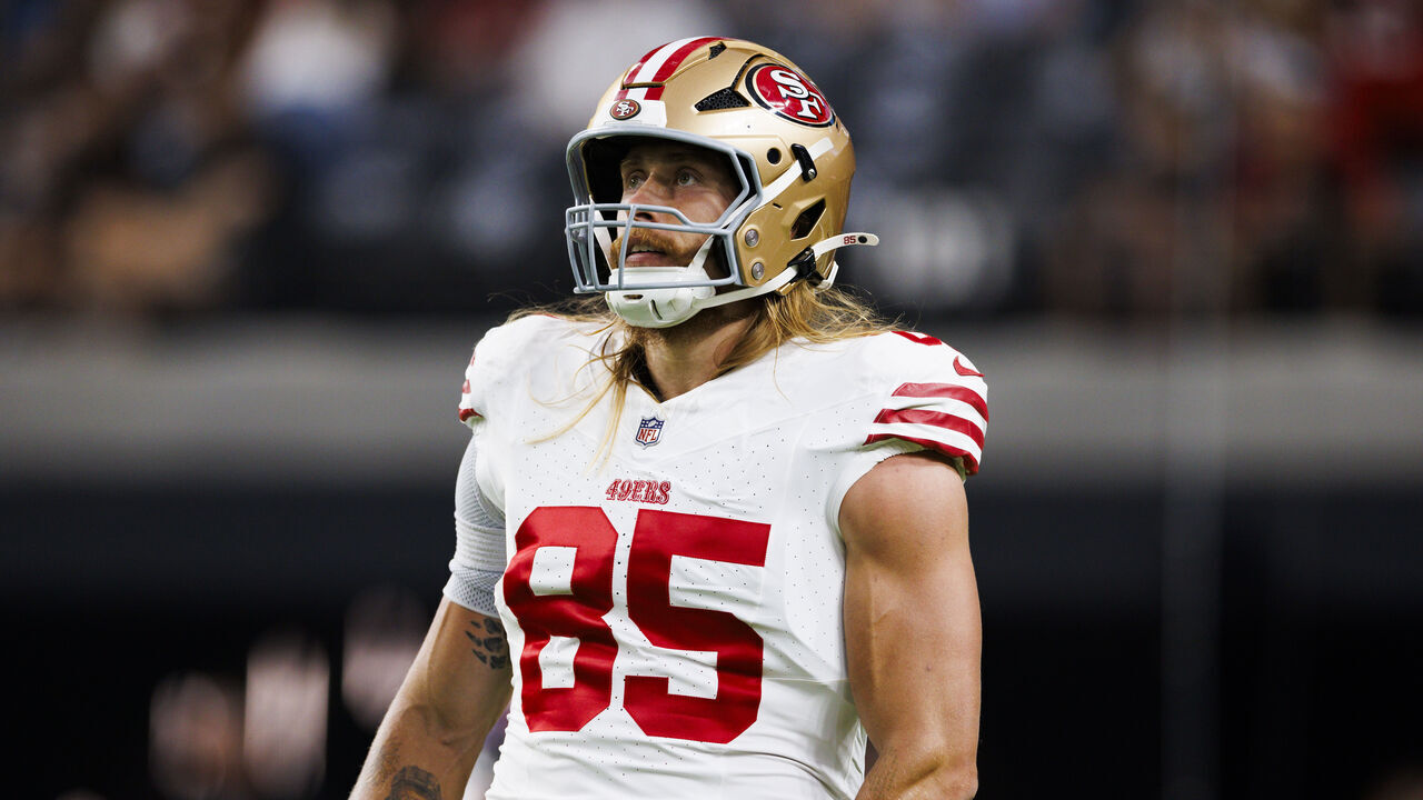 LAS VEGAS, NEVADA - AUGUST 23: George Kittle #85 of the San Francisco 49ers during a preseason game against the Las Vegas Raiders at Allegiant Stadium on August 23, 2024 in Las Vegas, Nevada.
