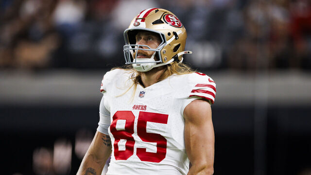 LAS VEGAS, NEVADA - AUGUST 23: George Kittle #85 of the San Francisco 49ers during a preseason game against the Las Vegas Raiders at Allegiant Stadium on August 23, 2024 in Las Vegas, Nevada.