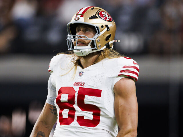 LAS VEGAS, NEVADA - AUGUST 23: George Kittle #85 of the San Francisco 49ers during a preseason game against the Las Vegas Raiders at Allegiant Stadium on August 23, 2024 in Las Vegas, Nevada.