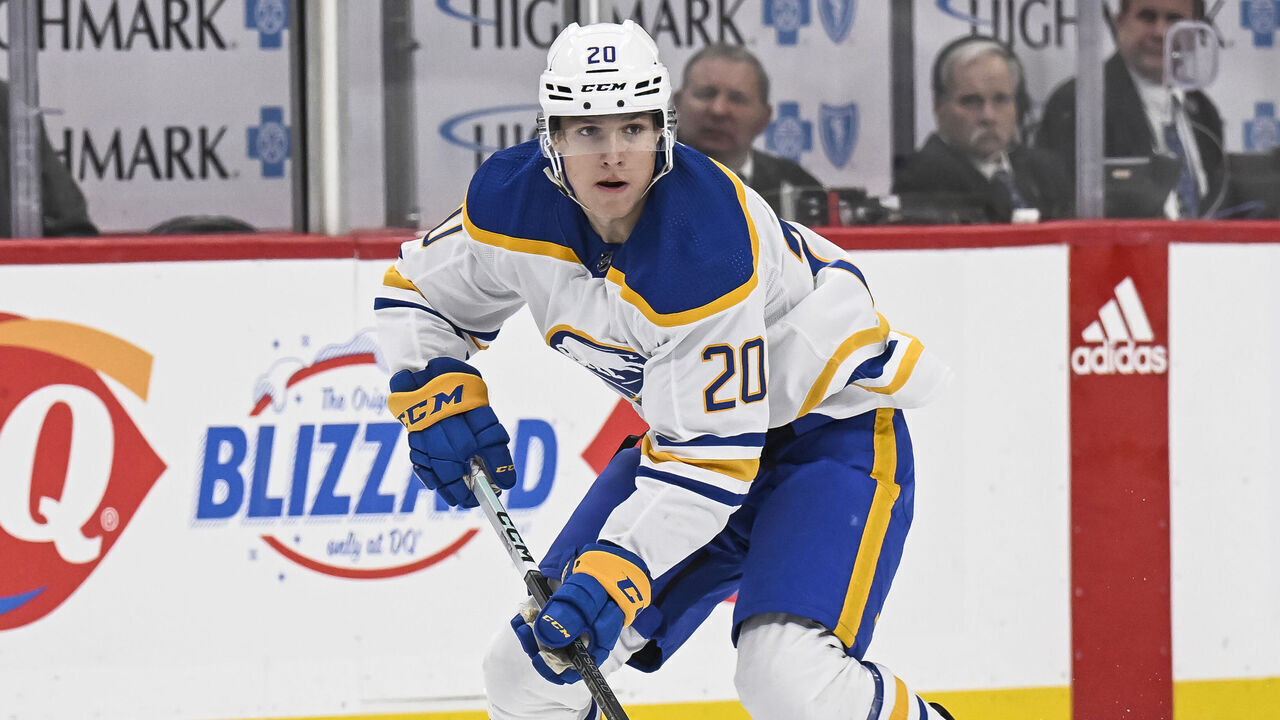 PITTSBURGH, PA - SEPTEMBER 28:Buffalo Sabres center Jiri Kulich (20) skates with the puck during the second period in the NHL preseason game between the Pittsburgh Penguins and the Buffalo Sabres on September 28, 2023, at PPG Paints Arena in Pittsburgh, PA.