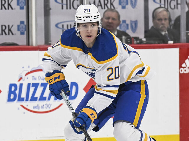 PITTSBURGH, PA - SEPTEMBER 28:Buffalo Sabres center Jiri Kulich (20) skates with the puck during the second period in the NHL preseason game between the Pittsburgh Penguins and the Buffalo Sabres on September 28, 2023, at PPG Paints Arena in Pittsburgh, PA.