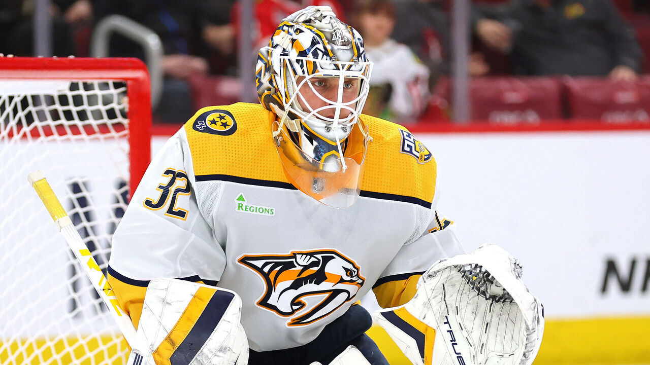 CHICAGO, ILLINOIS - APRIL 12: Kevin Lankinen #32 of the Nashville Predators tends the net against the Chicago Blackhawks during the third period at the United Center on April 12, 2024 in Chicago, Illinois.