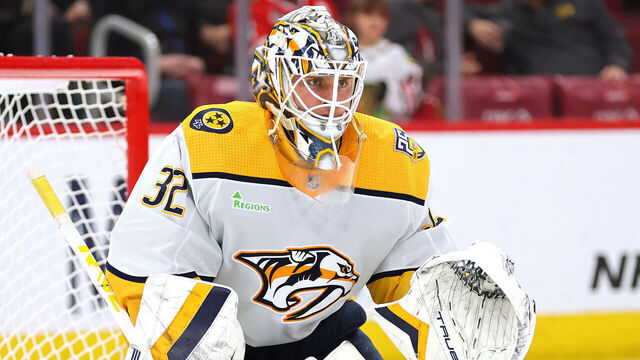 CHICAGO, ILLINOIS - APRIL 12: Kevin Lankinen #32 of the Nashville Predators tends the net against the Chicago Blackhawks during the third period at the United Center on April 12, 2024 in Chicago, Illinois.