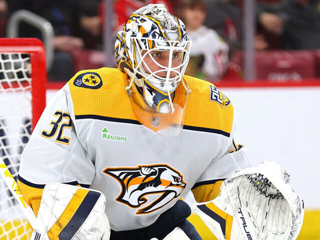 CHICAGO, ILLINOIS - APRIL 12: Kevin Lankinen #32 of the Nashville Predators tends the net against the Chicago Blackhawks during the third period at the United Center on April 12, 2024 in Chicago, Illinois.