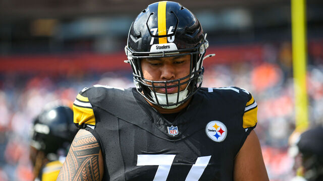 DENVER, CO - SEPTEMBER 15: Pittsburgh offensive tackle Troy Fautanu (76) during a game between the Denver Broncos and the Pittsburgh Steelers at Empower Field at Mile High in Denver, CO on September 15, 2024.