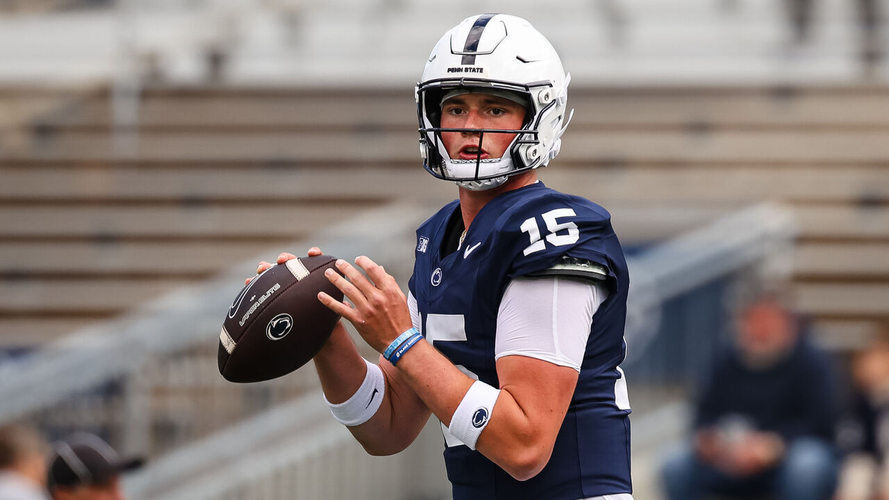 STATE COLLEGE, PA - SEPTEMBER 07: Drew Allar #15 of the Penn State Nittany Lions warms up before the game against the Bowling Green Falcons at Beaver Stadium on September 7, 2024 in State College, Pennsylvania.