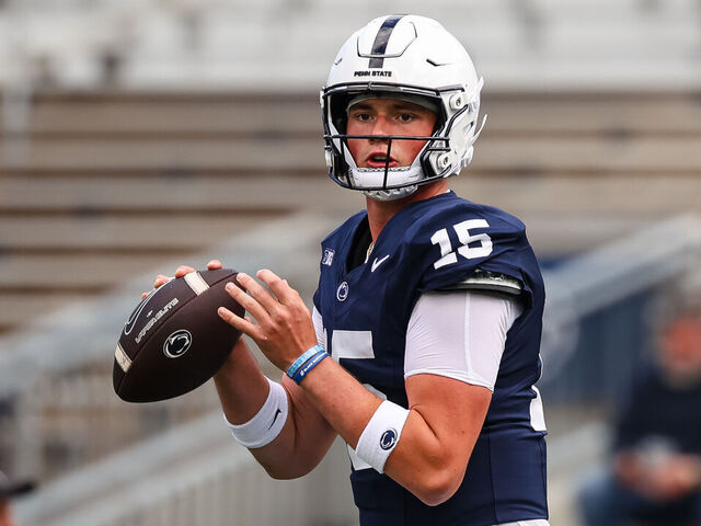STATE COLLEGE, PA - SEPTEMBER 07: Drew Allar #15 of the Penn State Nittany Lions warms up before the game against the Bowling Green Falcons at Beaver Stadium on September 7, 2024 in State College, Pennsylvania.