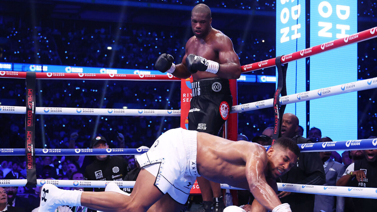 LONDON, ENGLAND - SEPTEMBER 21: Daniel Dubois knocks out Anthony Joshua during the IBF World Heavyweight Title fight between Daniel Dubois and Anthony Joshua, on the Riyadh Season - Wembley Edition card at Wembley Stadium on September 21, 2024 in London, England.