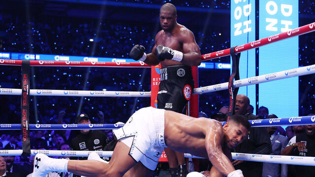 LONDON, ENGLAND - SEPTEMBER 21: Daniel Dubois knocks out Anthony Joshua during the IBF World Heavyweight Title fight between Daniel Dubois and Anthony Joshua, on the Riyadh Season - Wembley Edition card at Wembley Stadium on September 21, 2024 in London, England.
