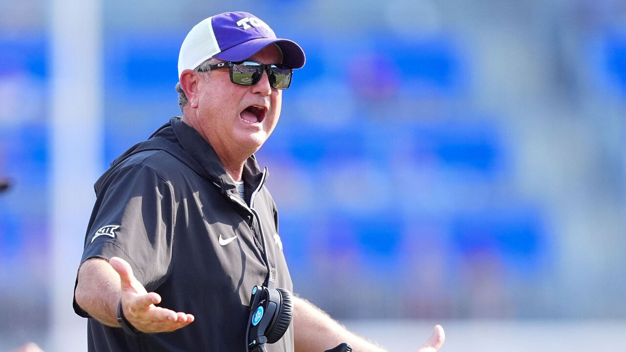 DALLAS, TEXAS - SEPTEMBER 21: Head coach Sonny Dykes of the TCU Horned Frogs reacts during the first half against the Southern Methodist Mustangs at Gerald J. Ford Stadium on September 21, 2024 in Dallas, Texas.