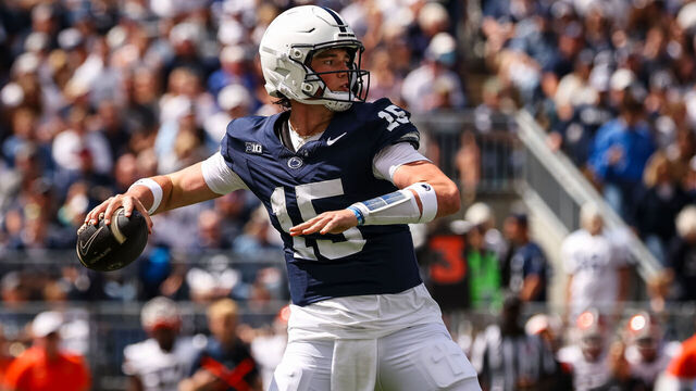 STATE COLLEGE, PA - SEPTEMBER 07: Drew Allar #15 of the Penn State Nittany Lions attempts a pass against the Bowling Green Falcons during the first half at Beaver Stadium on September 7, 2024 in State College, Pennsylvania.