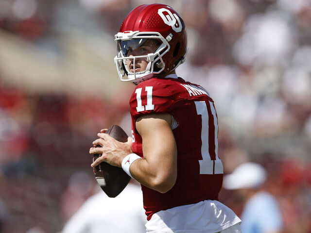 NORMAN, OKLAHOMA - SEPTEMBER 14: Jackson Arnold #11 of the Oklahoma Sooners warms up prior to a game against the Tulane Green Wave at Gaylord Family Oklahoma Memorial Stadium on September 14, 2024 in Norman, Oklahoma.