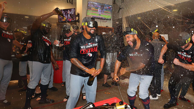 ST LOUIS, MISSOURI - SEPTEMBER 21: Members of the Cleveland Guardians celebrate winning the American League Central after playing the St. Louis Cardinals at Busch Stadium on September 21, 2024 in St Louis, Missouri.