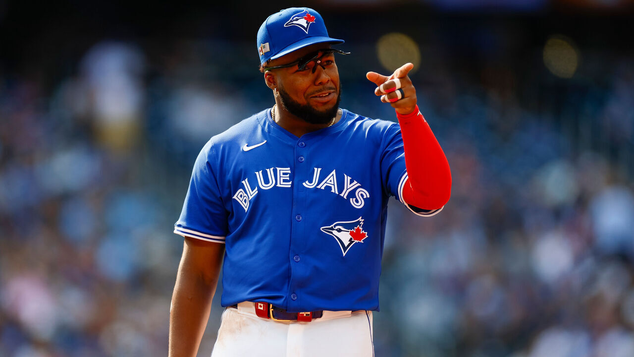 TORONTO, CANADA - SEPTEMBER 11: Vladimir Guerrero Jr. #27 of the Toronto Blue Jays gestures in the sixth inning during a game against the New York Mets at Rogers Centre on September 11, 2024 in Toronto, Canada.