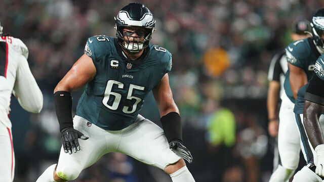 PHILADELPHIA, PENNSYLVANIA - SEPTEMBER 16: Lane Johnson #65 of the Philadelphia Eagles blocks James Smith-Williams #50 of the Atlanta Falcons at Lincoln Financial Field on September 16, 2024 in Philadelphia, Pennsylvania.