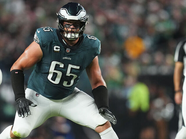 PHILADELPHIA, PENNSYLVANIA - SEPTEMBER 16: Lane Johnson #65 of the Philadelphia Eagles blocks James Smith-Williams #50 of the Atlanta Falcons at Lincoln Financial Field on September 16, 2024 in Philadelphia, Pennsylvania.