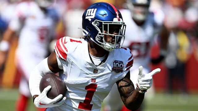 LANDOVER, MARYLAND - SEPTEMBER 15: Malik Nabers #1 of the New York Giants runs with the ball after a catch against the Washington Commanders at Northwest Stadium on September 15, 2024 in Landover, Maryland.