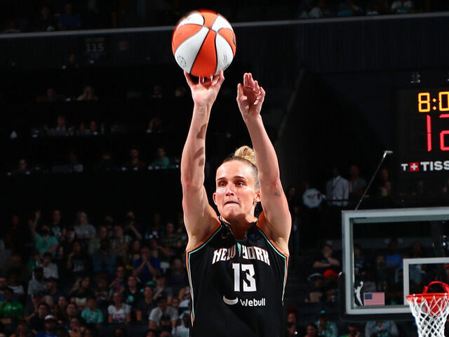 BROOKLYN, NY - SEPTEMBER 22: Leonie Fiebich #13 of the New York Liberty shoots a three point basket during the game during round one game one of the 2024 WNBA Playoffs on September 22, 2024 in Brooklyn, New York. Mandatory Copyright Notice: Copyright 2024 NBAE