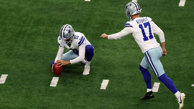 ARLINGTON, TX-SEPTEMBER 15: Brandon Aubrey #17 of the Dallas Cowboys attempts a field goal against the New Orleans Saints during the game at AT&T Stadium on September 15, 2024 in Arlington, Texas.