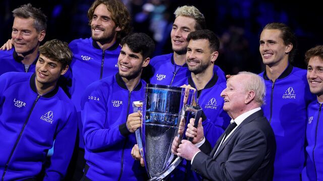 BERLIN, GERMANY - SEPTEMBER 22: Carlos Alcaraz of Team Europe celebrate with the Laver Cup trophy along with Rod Laver after Team Europe win the Laver Cup on day three of the Laver Cup at Uber Arena on September 22, 2024 in Berlin, Germany.