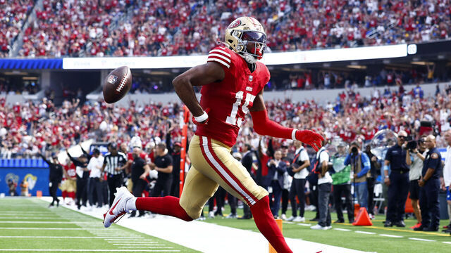 INGLEWOOD, CALIFORNIA - SEPTEMBER 22: Jauan Jennings #15 of the San Francisco 49ers celebrates a touchdown against the Los Angeles Rams during the third quarter at SoFi Stadium on September 22, 2024 in Inglewood, California.